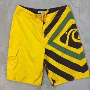 Quiksilver Edition Board Shorts Mens 36 Yellow Graphic Surf Swim Trunks (Stains)